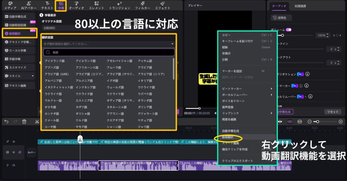 多言語翻訳機能の画面