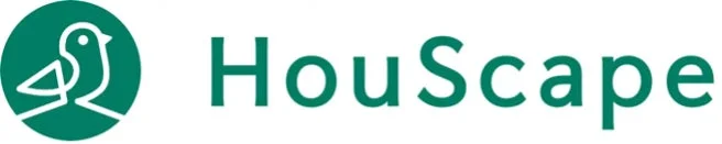 緑色の円の中に白い線で描かれた鳥のロゴと、その右隣に濃い緑色で「HouScape」と書かれた文字が配置された画像