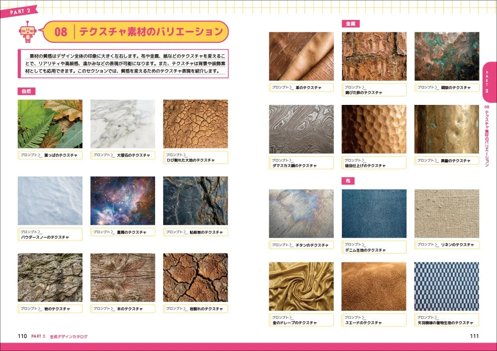 このページでは、デザインの質感を高めるための様々なテクスチャ素材を紹介しています。自然、金属、布のカテゴリに分けられ、枯れ葉、大理石、ひび割れた大地、革、錆びた鉄、デニム、リネンなど、多様な質感表現の例が掲載されています。