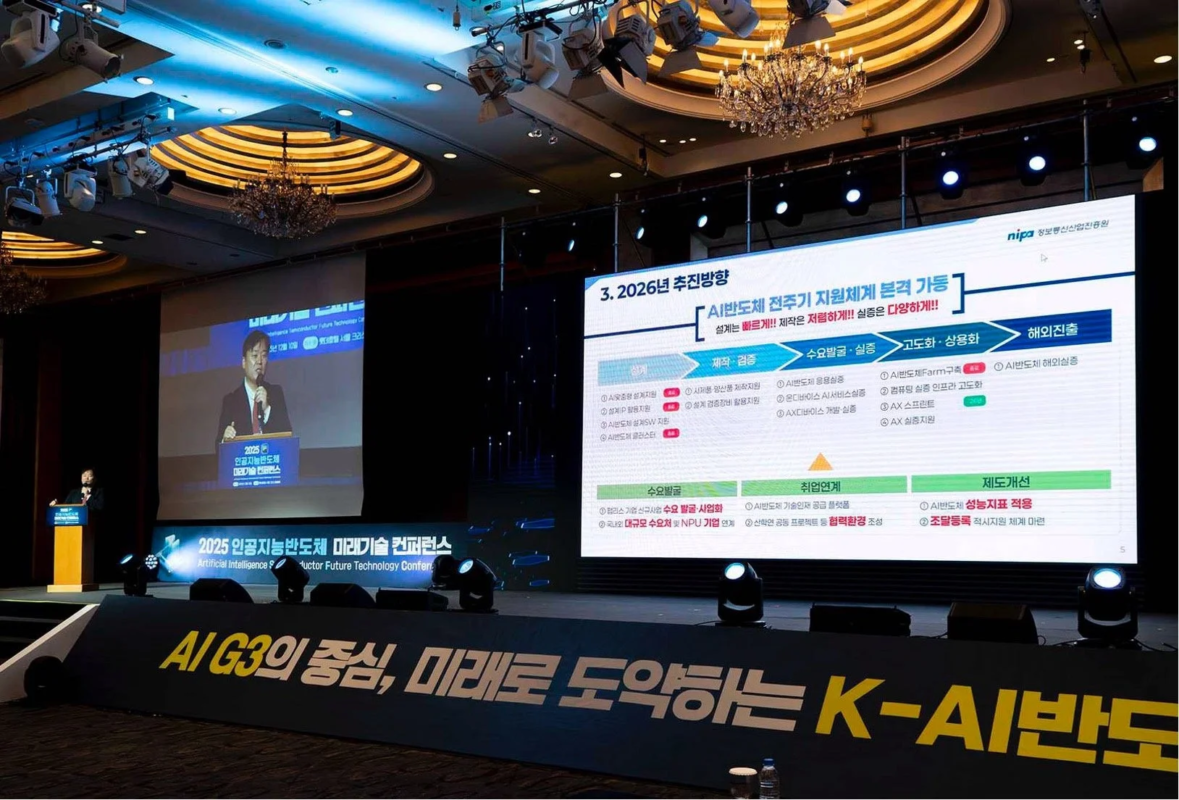 「2025 AI半導体未来技術カンファレンス」の様子。登壇者が講演し、大型スクリーンには2026年までのAI半導体全周期支援体系とK-AI半導体の成長戦略が示されている。