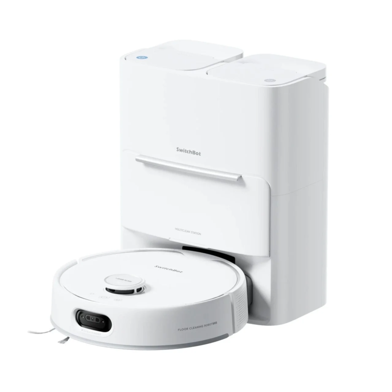白いSwitchBot製ロボット掃除機と、それに対応する多機能な自動クリーニングステーションのセット。床の自動清掃とステーションでのメンテナンスが可能で、現代的なデザインのスマート家電です。