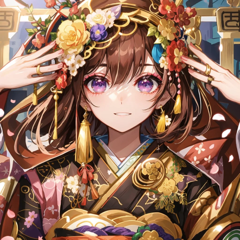 豪華な花飾りと黒い着物を身につけたアニメ風の少女のポートレートです。きらめく紫の瞳と優しい笑顔が印象的で、華やかな和の美しさを表現しています。